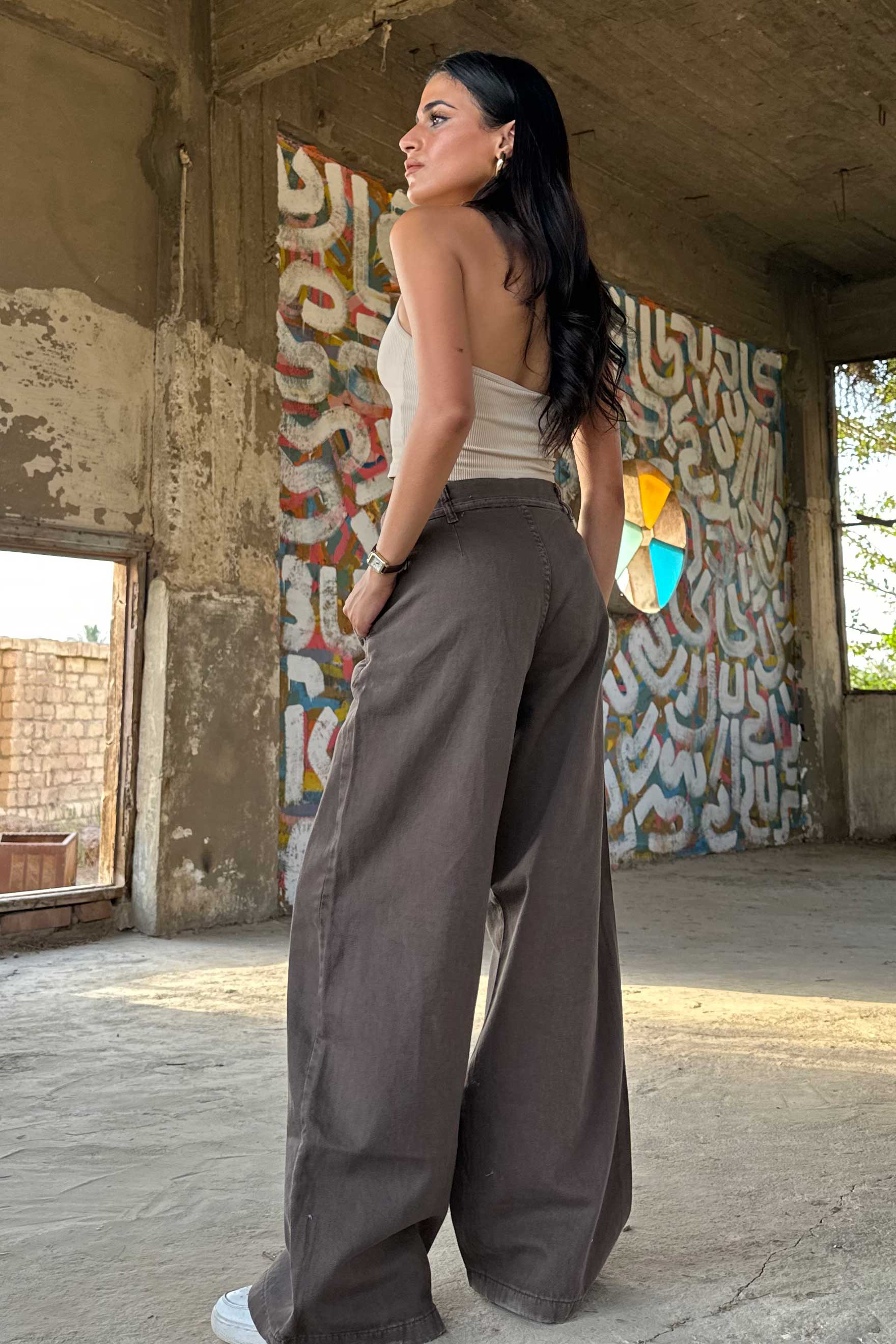 Wide Leg – Mid Rise Tie Belt Dark Brown Jeans