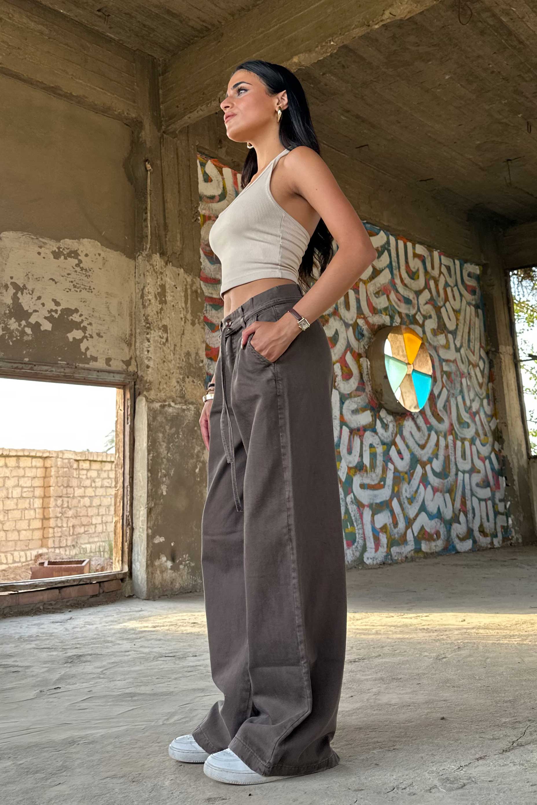 Wide Leg – Mid Rise Tie Belt Dark Brown Jeans
