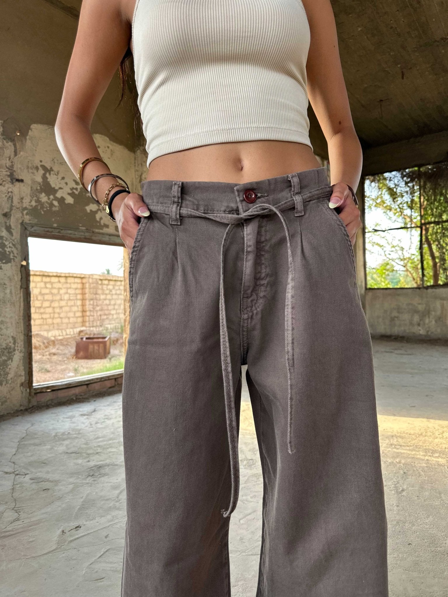 Wide Leg – Mid Rise Tie Belt Dark Brown Jeans