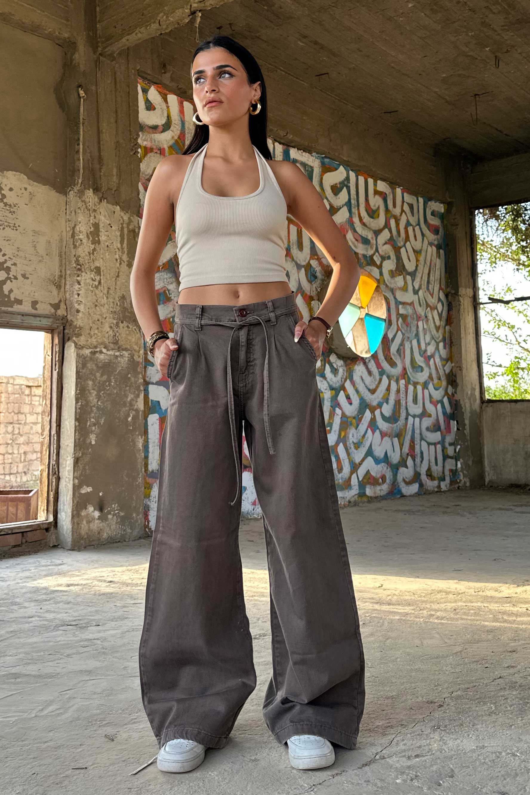 Wide Leg – Mid Rise Tie Belt Dark Brown Jeans