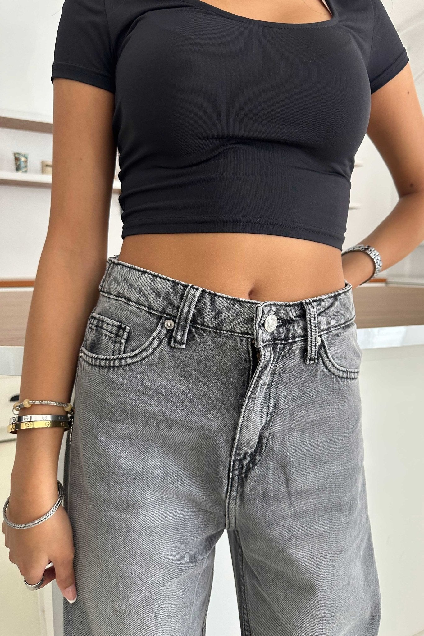 Wide Leg – Mid Rise Mid Grey Wash Jeans Wide-Leg CIZARO - Cizaro Jeans