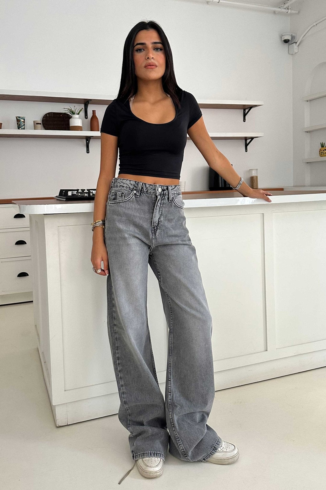 Wide Leg – Mid Rise Mid Grey Wash Jeans Wide-Leg CIZARO - Cizaro Jeans