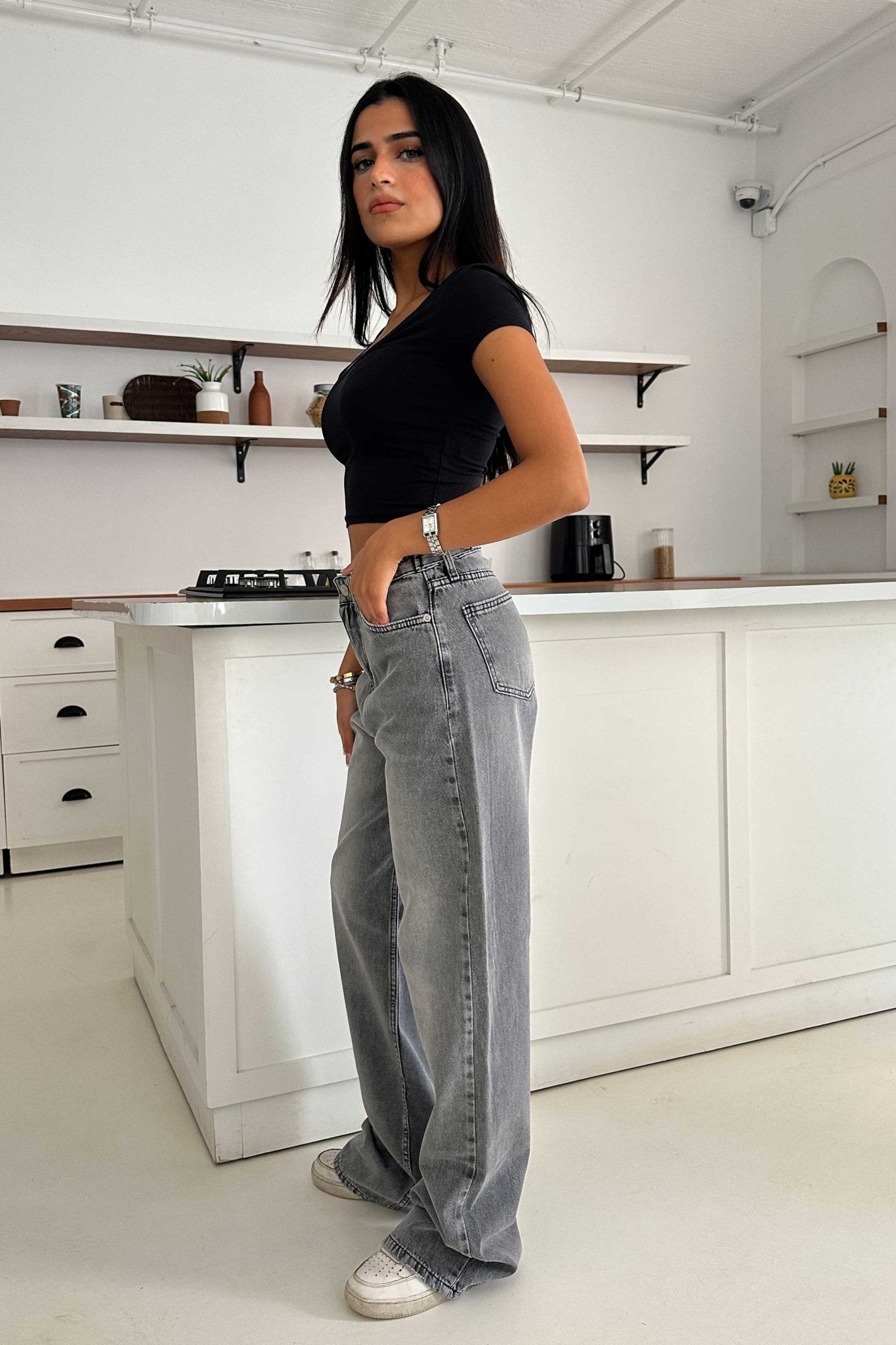 Wide Leg – Mid Rise Mid Grey Wash Jeans Wide-Leg CIZARO - Cizaro Jeans
