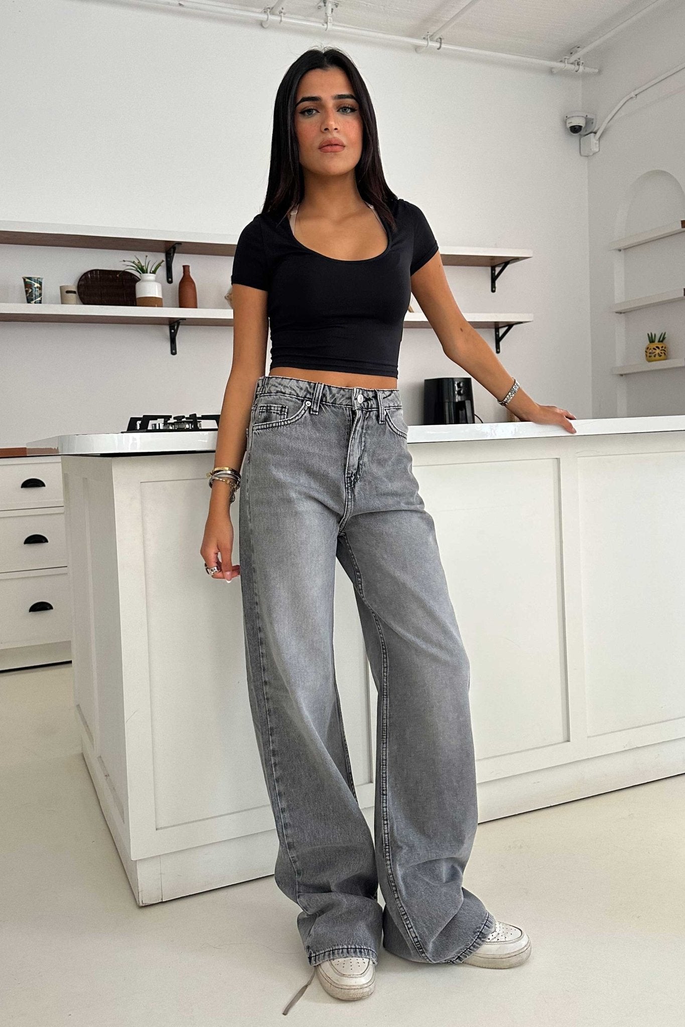Wide Leg – Mid Rise Mid Grey Wash Jeans Wide-Leg CIZARO - Cizaro Jeans