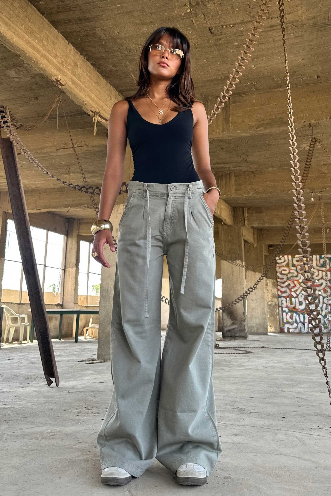 Wide Leg – Mid Rise Tie Belt Olive Jeans