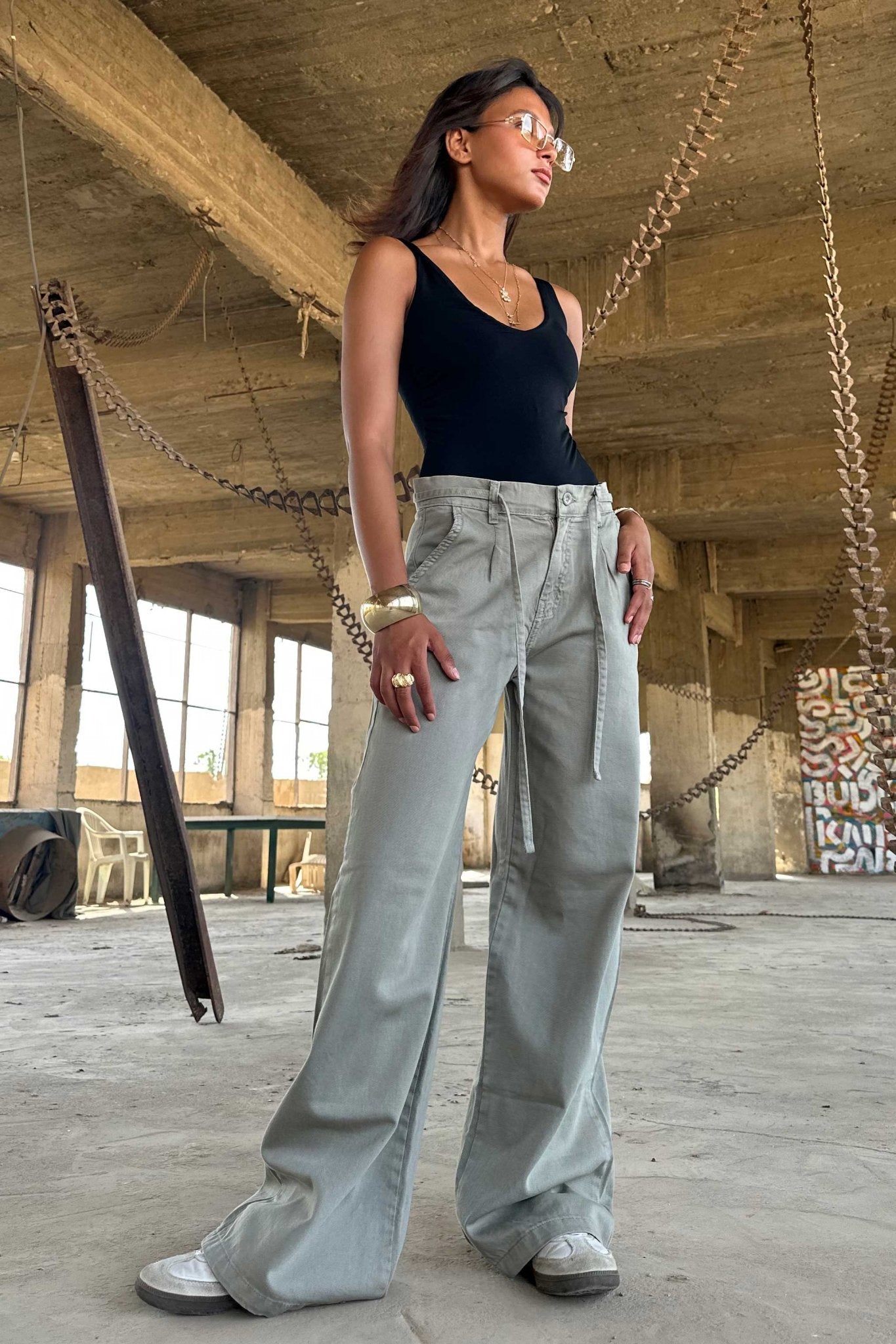 Wide Leg – Mid Rise Tie Belt Olive Jeans
