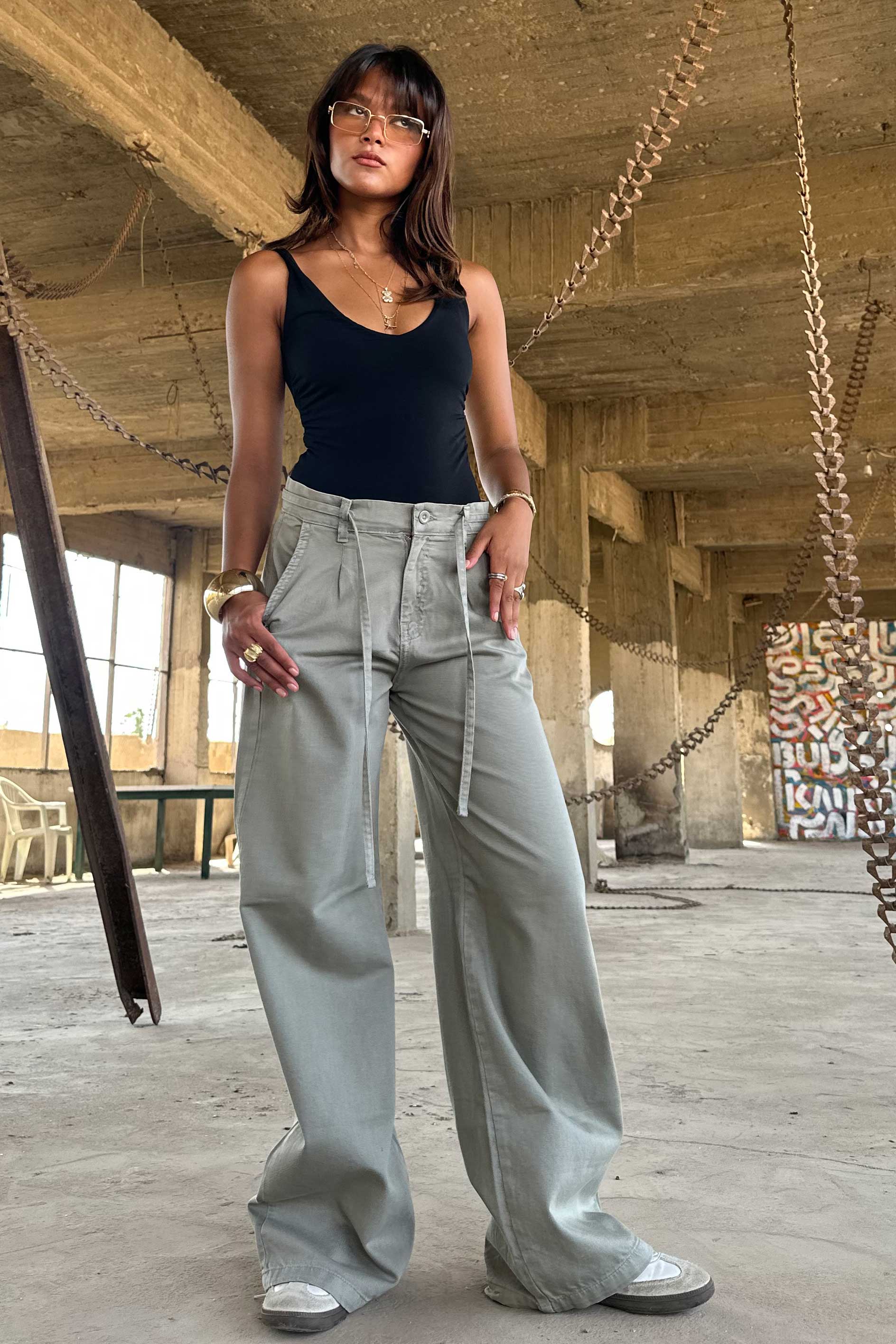 Wide Leg – Mid Rise Tie Belt Olive Jeans