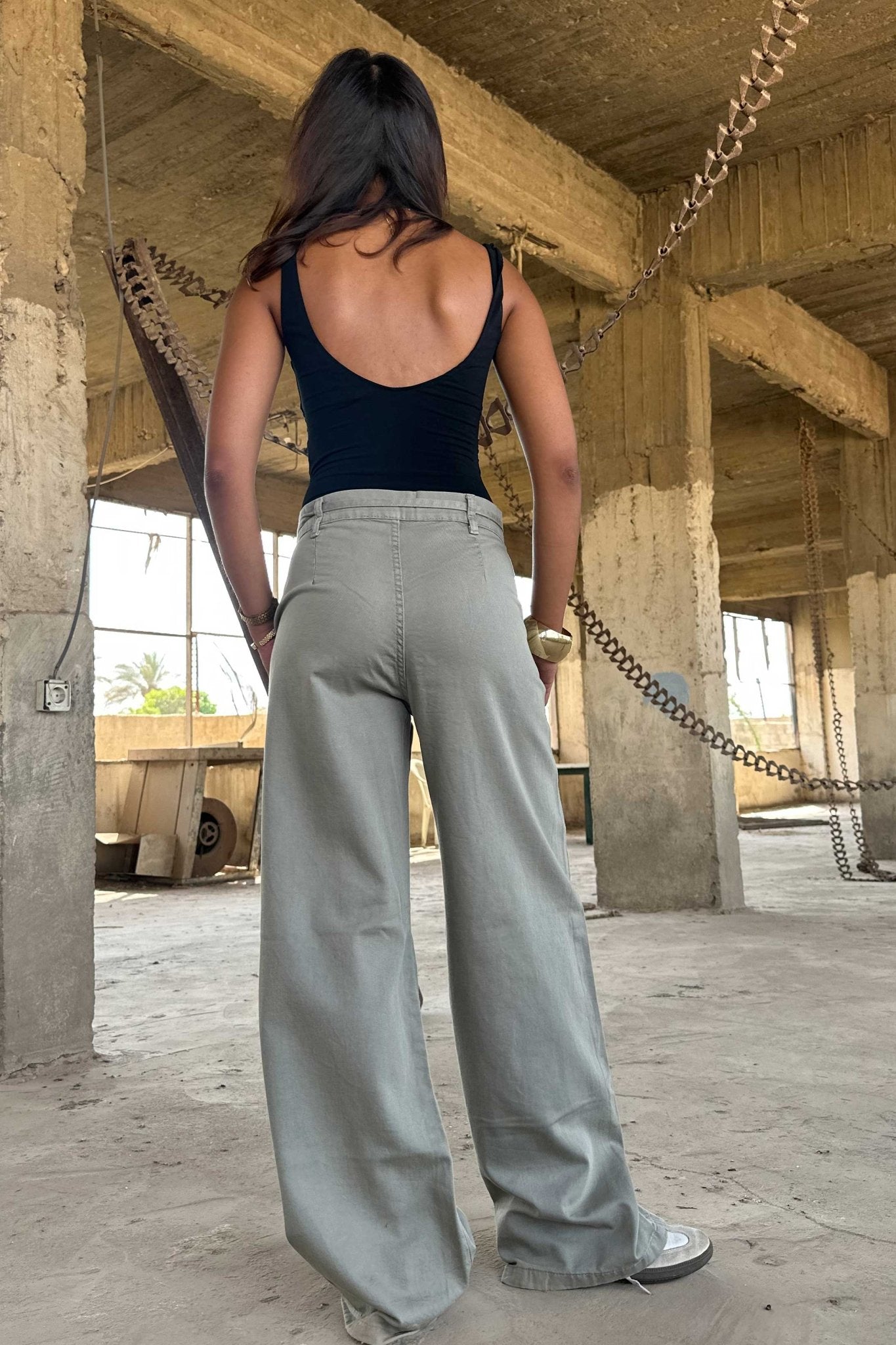 Wide Leg – Mid Rise Tie Belt Olive Jeans