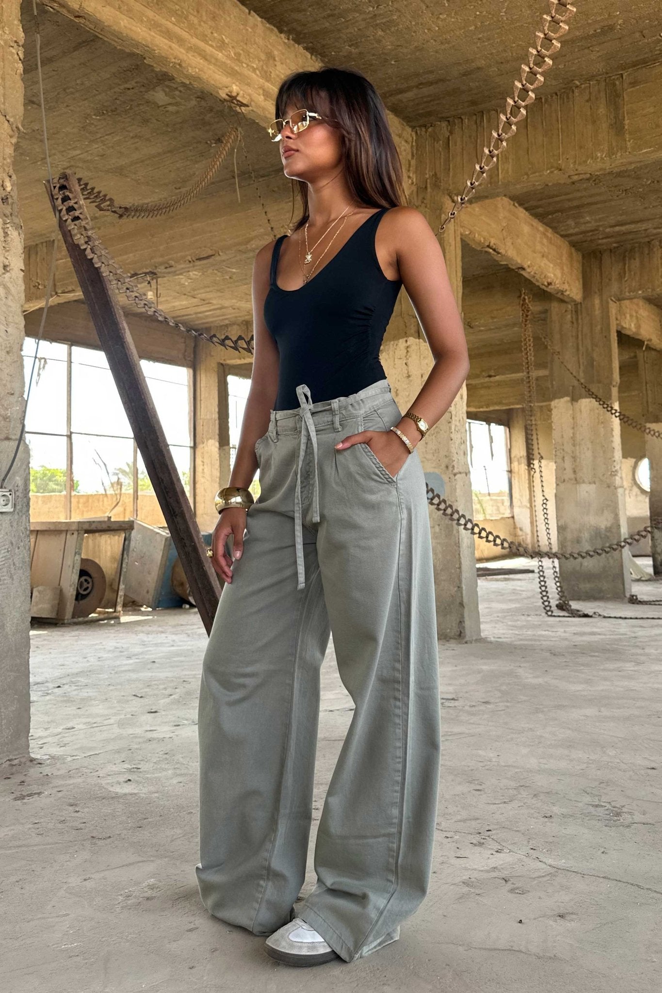 Wide Leg – Mid Rise Tie Belt Olive Jeans