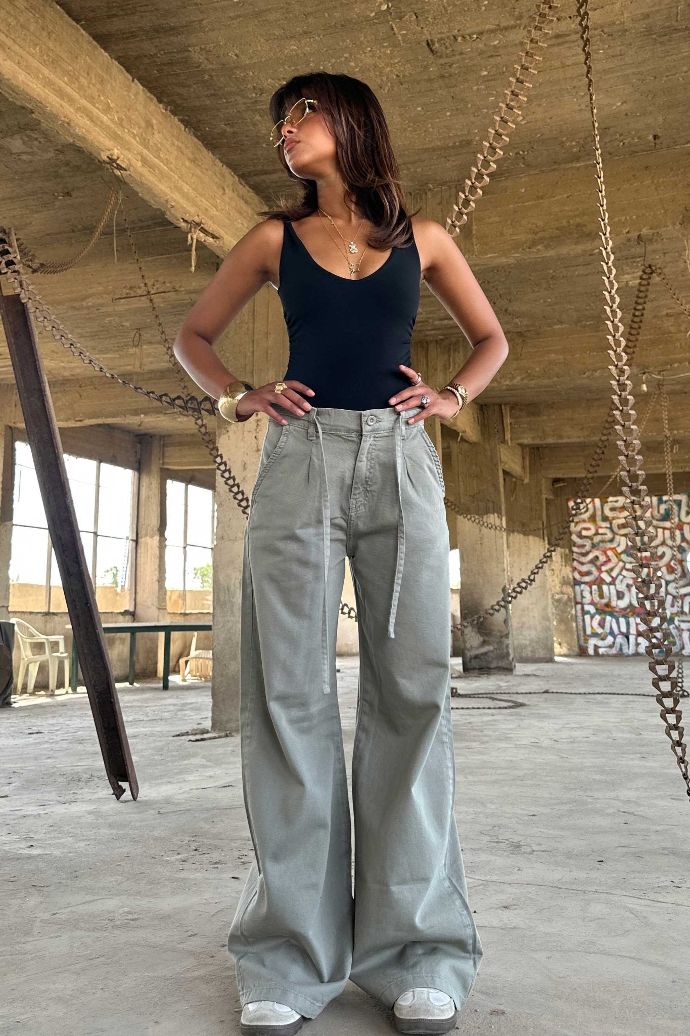 Wide Leg – Mid Rise Tie Belt Olive Jeans
