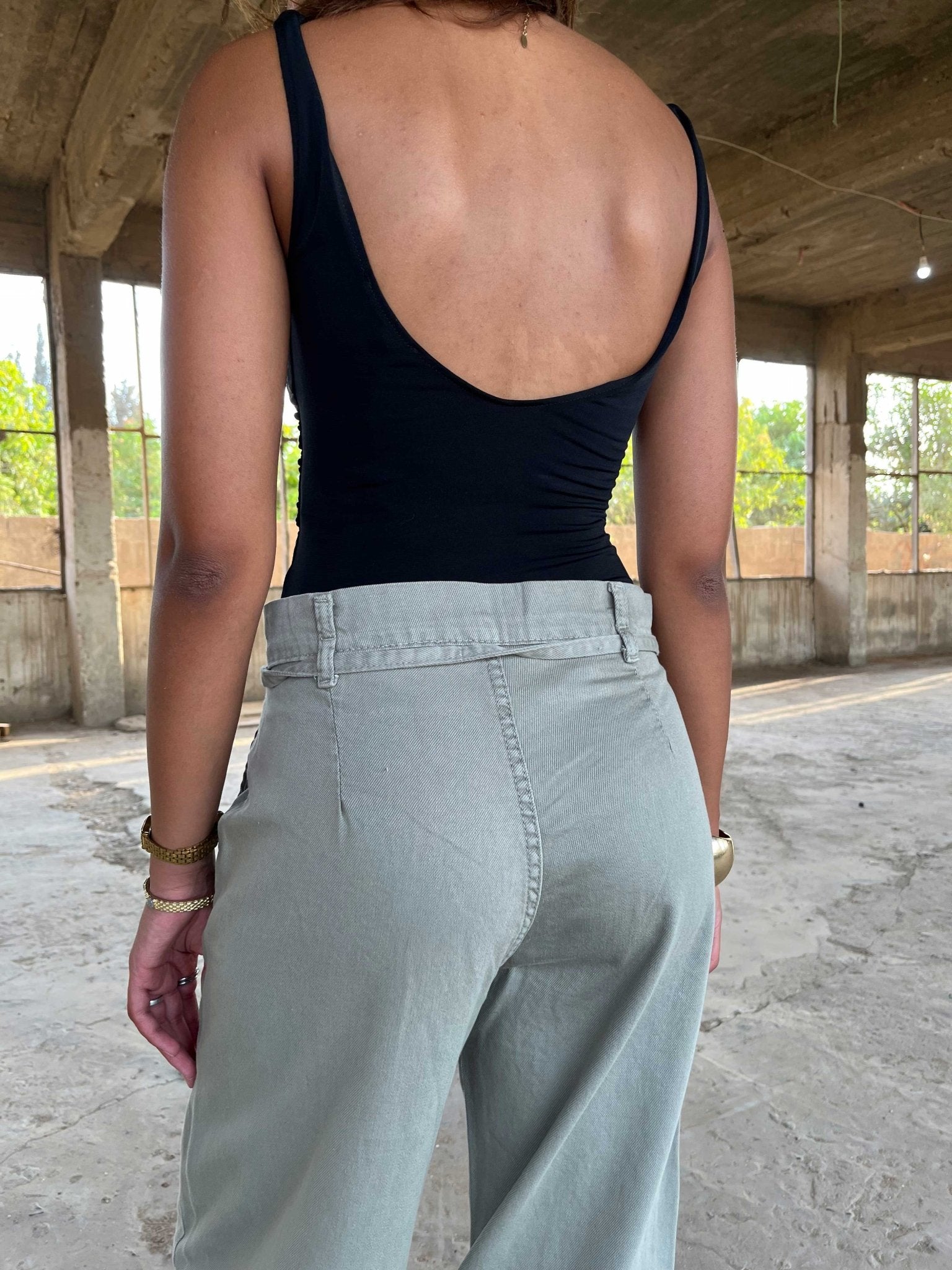 Wide Leg – Mid Rise Tie Belt Olive Jeans