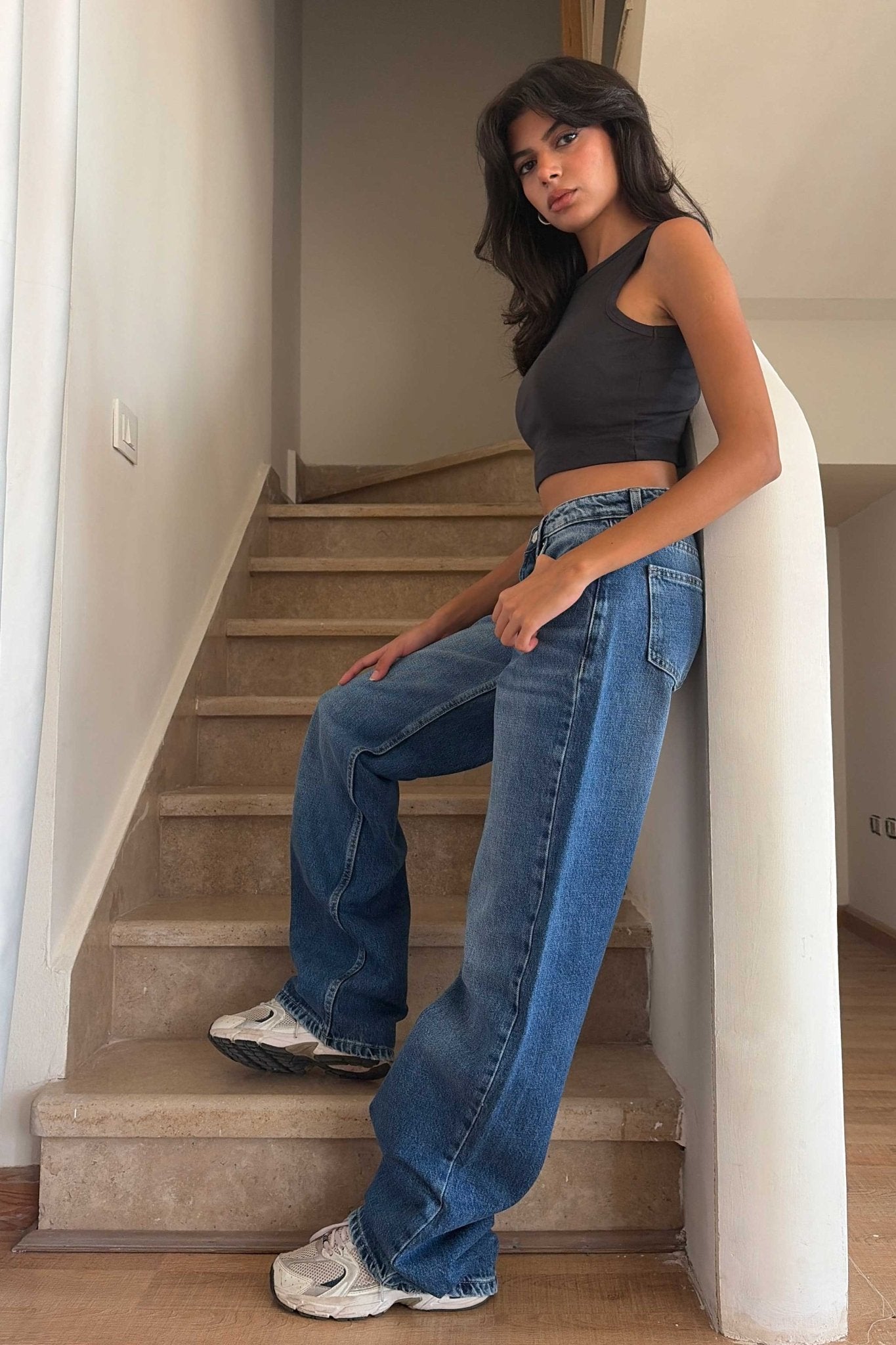 Wide Leg – Mid Rise Mid Blue Jeans Mom-Fit CIZARO - Cizaro Jeans