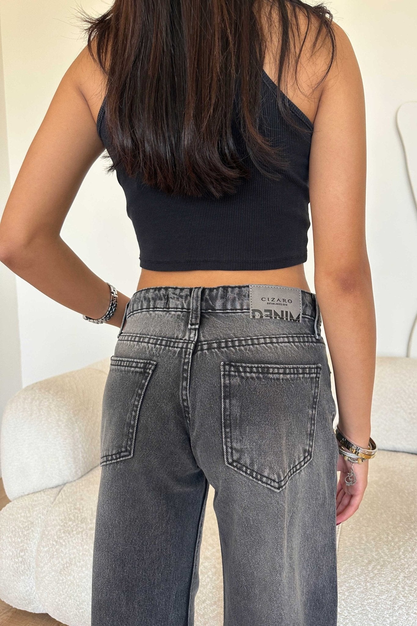 Wide Leg – Low Waist Faded Dark Grey Jeans wide leg CIZARO - Cizaro Jeans