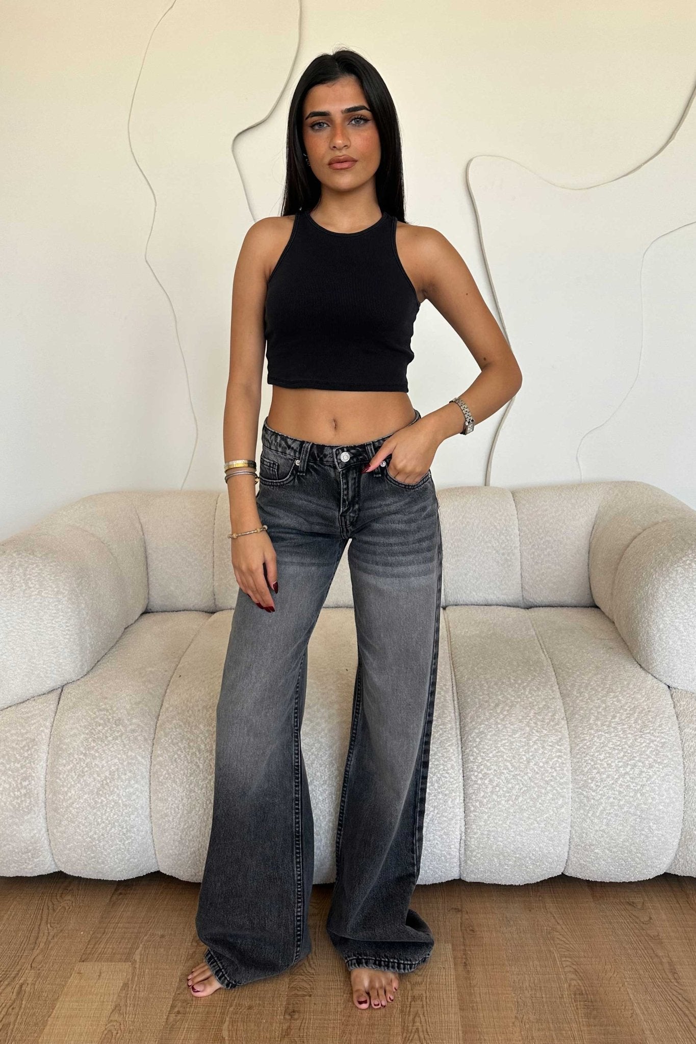Wide Leg – Low Waist Faded Dark Grey Jeans wide leg CIZARO - Cizaro Jeans