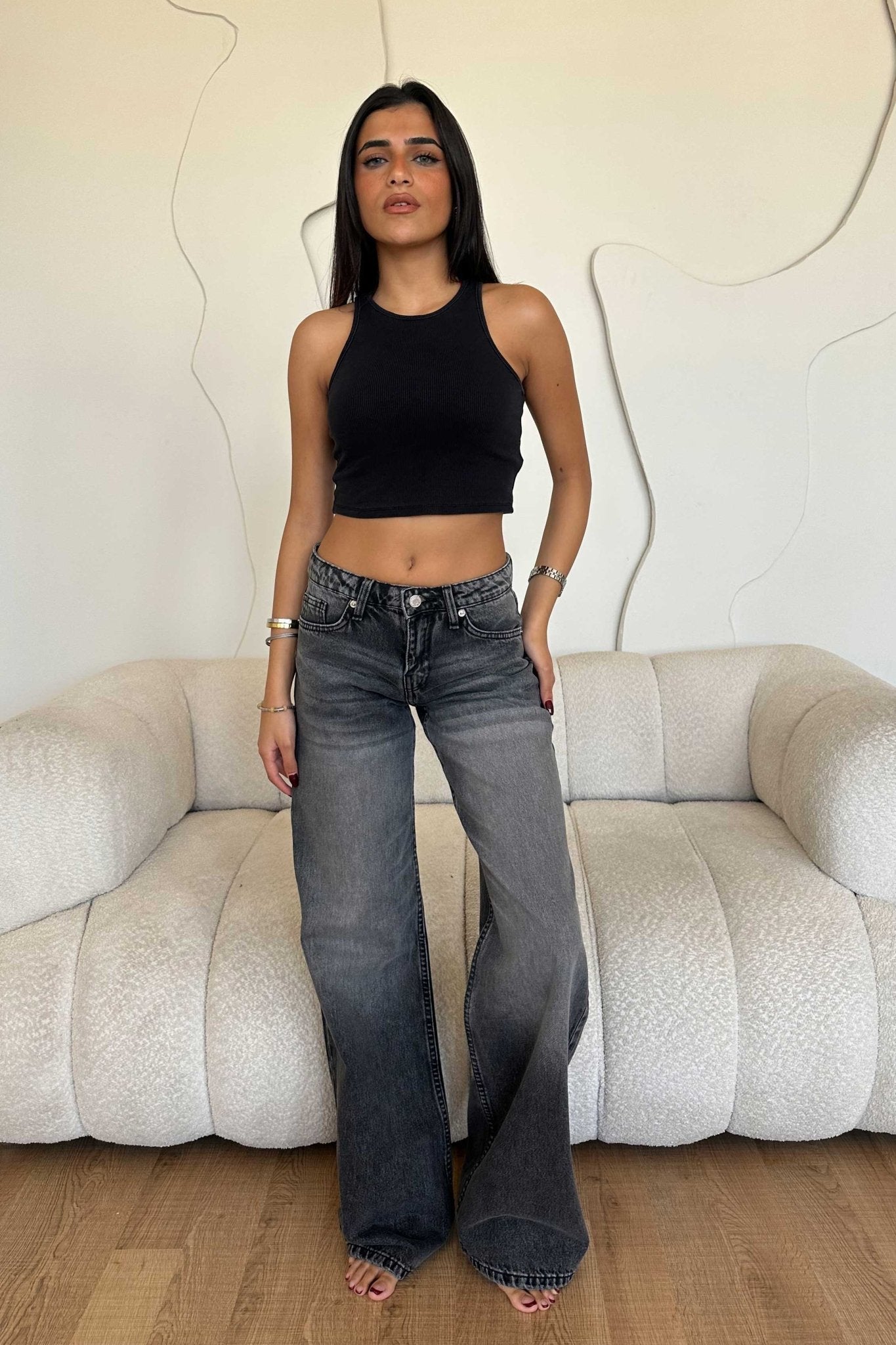 Wide Leg – Low Waist Faded Dark Grey Jeans wide leg CIZARO - Cizaro Jeans