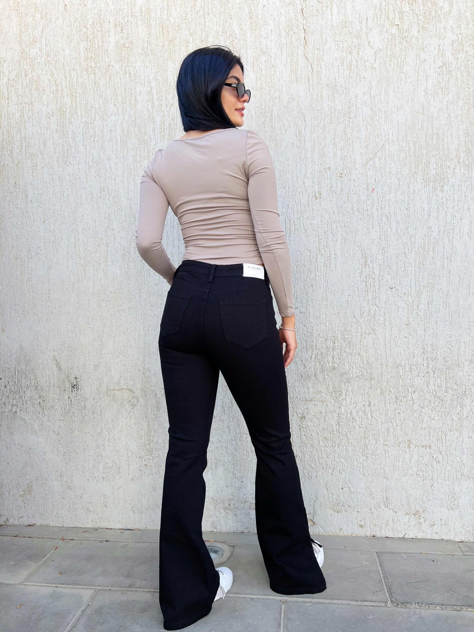 Black Split Hem Flare Jeans Flare CIZARO - Cizaro Jeans