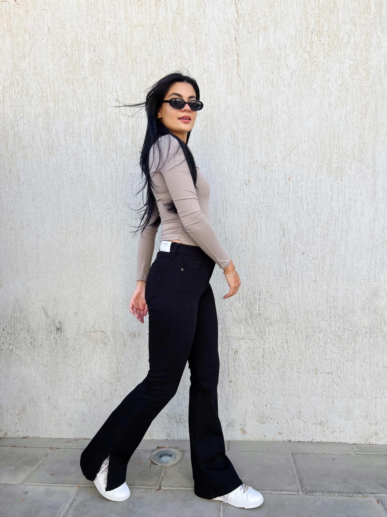 Black Split Hem Flare Jeans Flare CIZARO - Cizaro Jeans