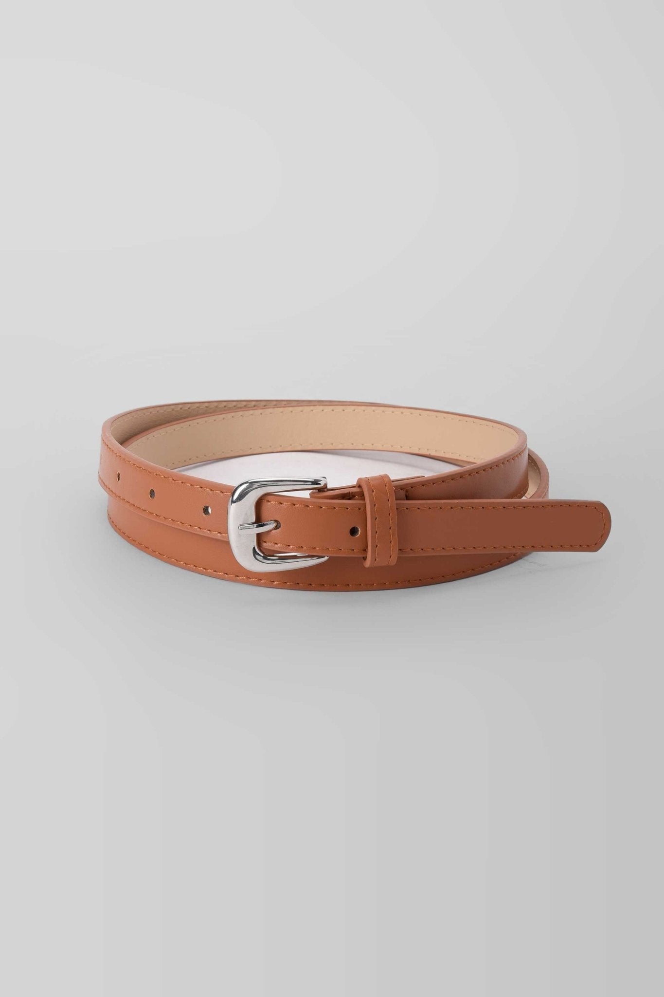 Belt | Slim Tan Faux Leather Belt with Silver Buckle Belt - Acc CZBELT - Cizaro Jeans