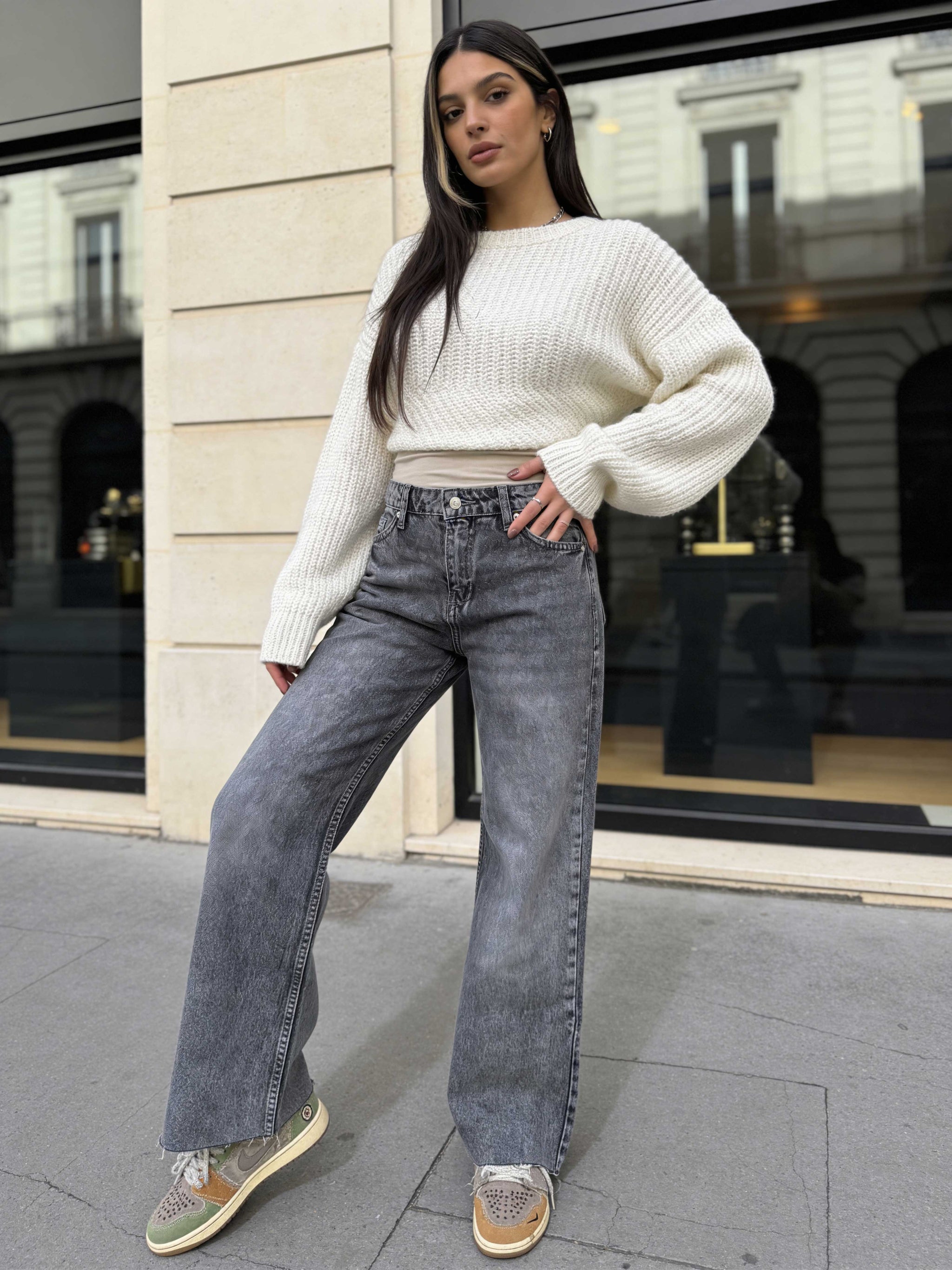 Cropped Wide Leg Raw Him Mid-Rise – Grey Jeans Wide-Leg CIZARO - Cizaro Jeans