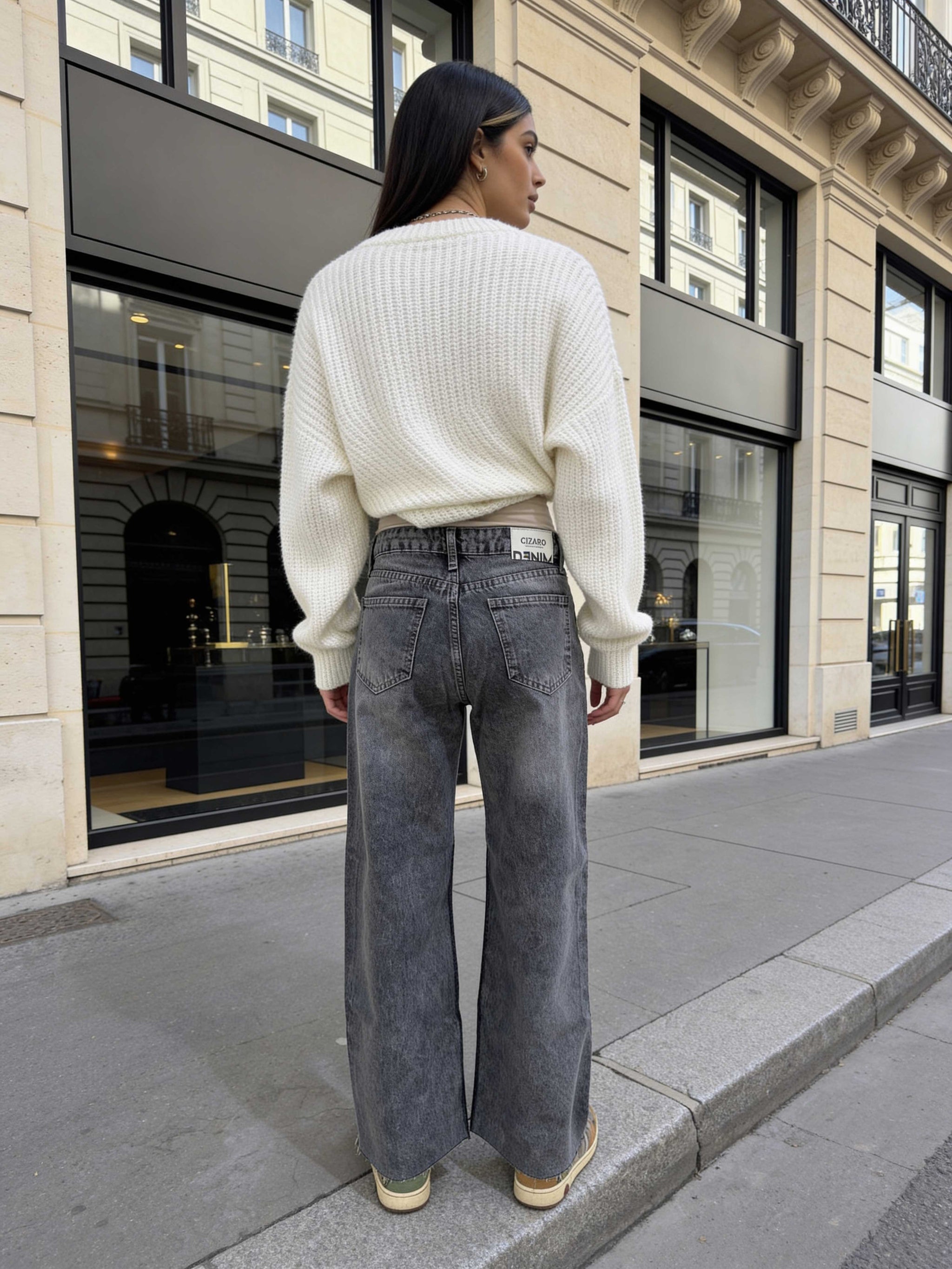 Cropped Wide Leg Raw Him Mid-Rise – Grey Jeans Wide-Leg CIZARO - Cizaro Jeans