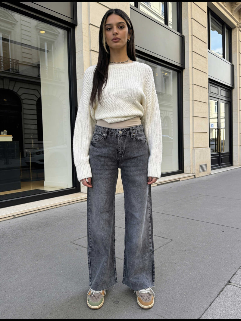 Cropped Wide Leg Raw Him Mid-Rise – Grey Jeans Wide-Leg CIZARO - Cizaro Jeans