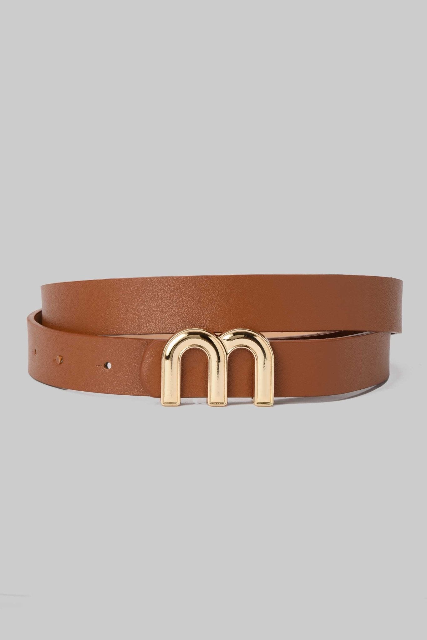 Belt Caramel Faux Leather with “M” Gold Buckle BELT CZBELT - Cizaro Jeans