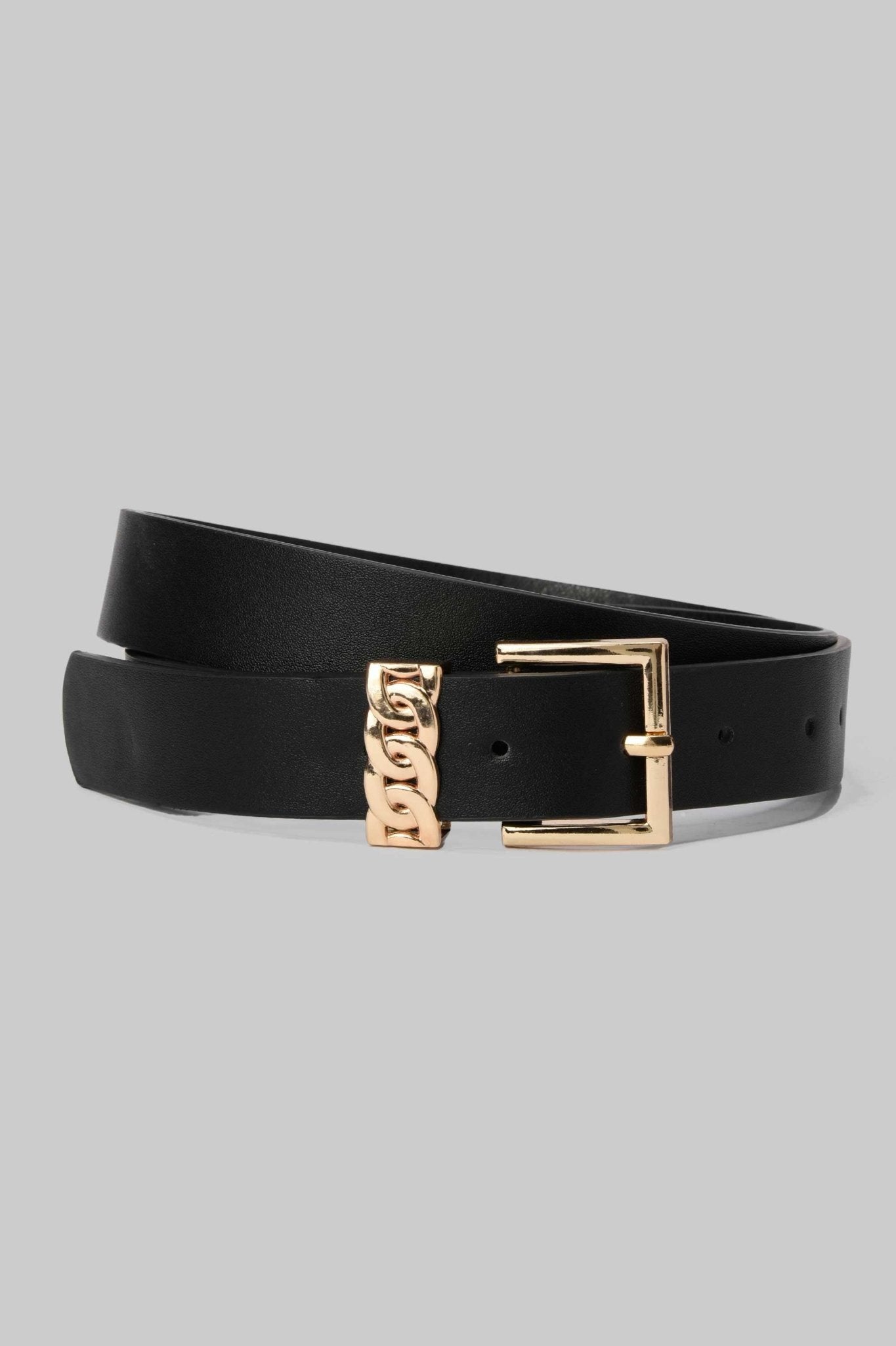 Belt | Black & Gold with Chain Accent and Square Buckle BELT CZBELT - Cizaro Jeans