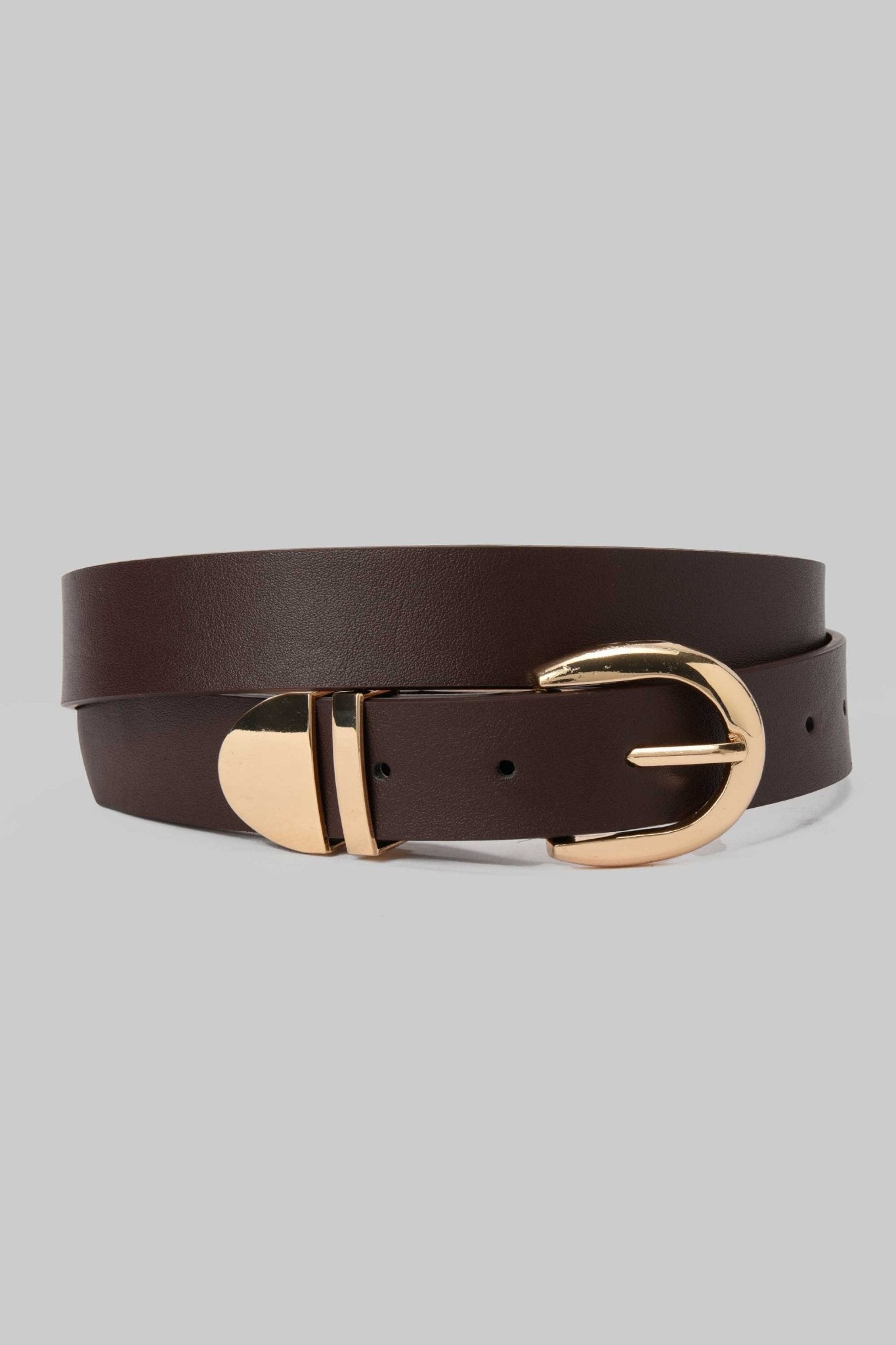 Belt | Dark Brown Faux Leather with Polished Gold Half-Moon Buckle BELT CZBELT - Cizaro Jeans