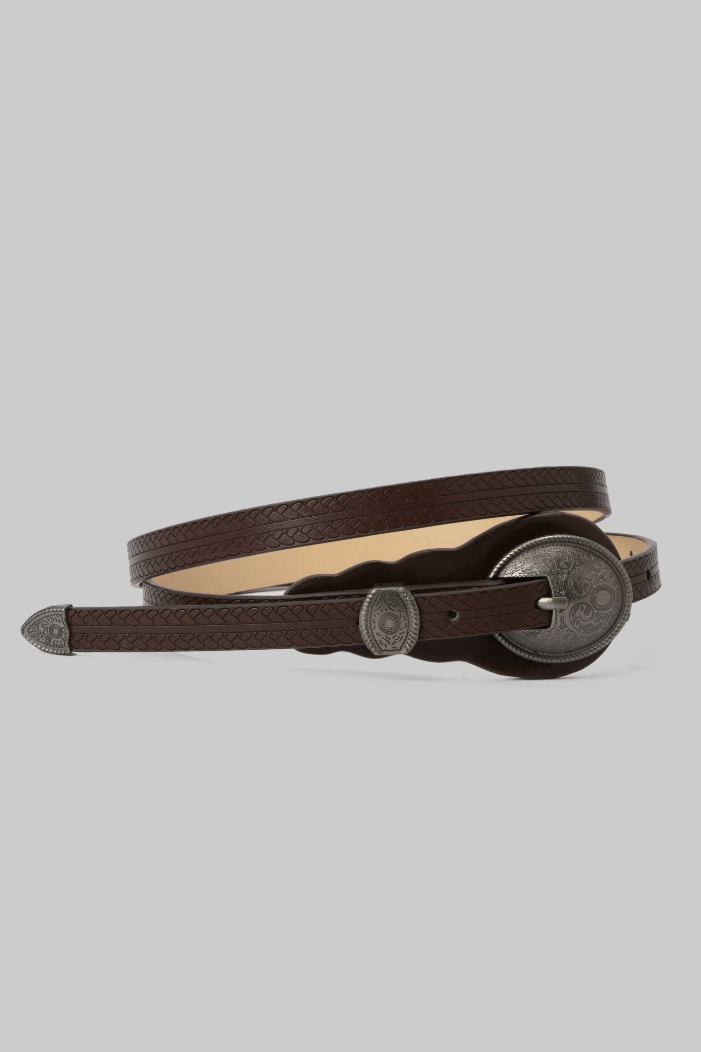 Belt | Dark Brown Western Engraved Silver Buckle Belt CZBELT - Cizaro Jeans