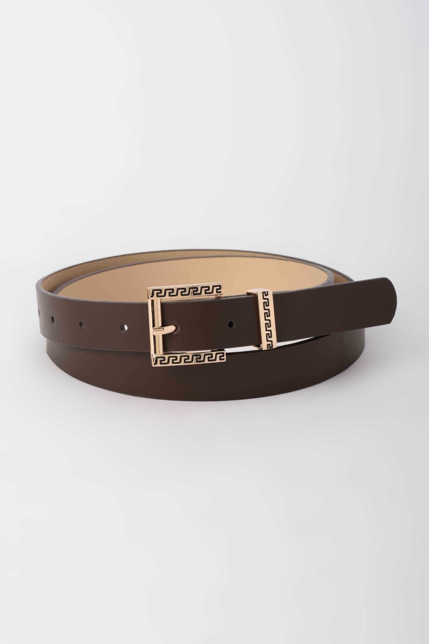 Belt | Dark Brown Faux Leather with Gold Greca Buckle BELT CZBELT - Cizaro Jeans