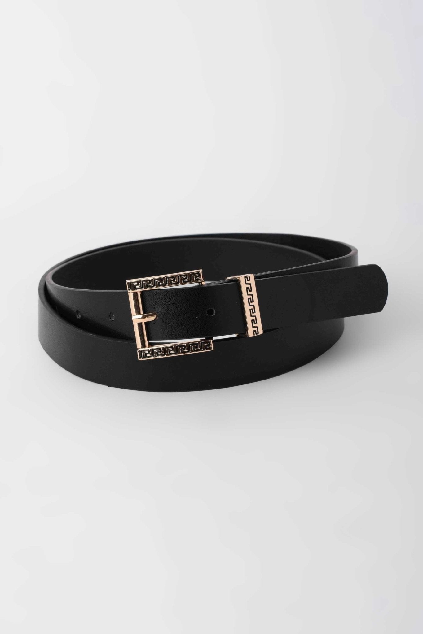 Belt | Black Faux Leather with Gold Greca Buckle Belt | Black Faux Leather with Gold Greca Buckle BELT CZBELT - Cizaro Jeans