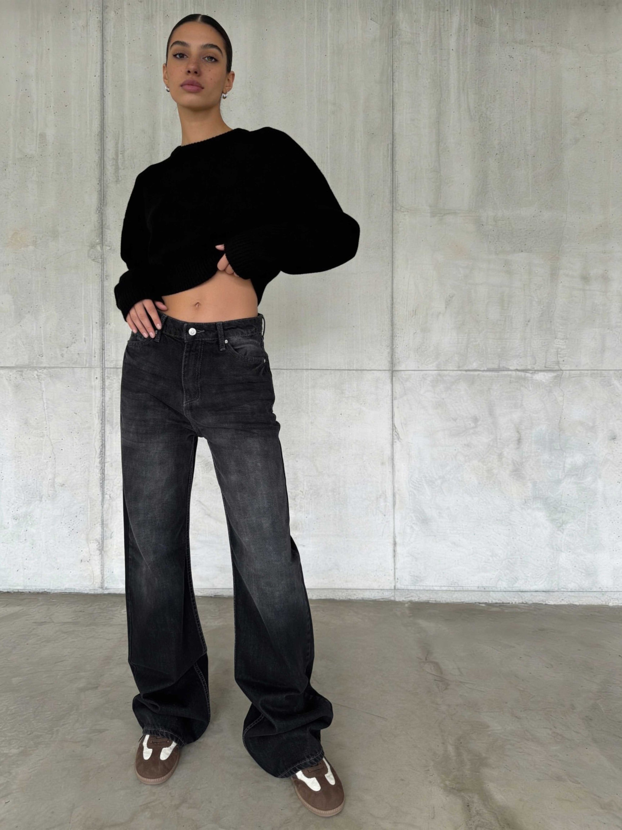 Wide Leg – High-Waist Washed Black Jeans Wide-Leg CIZARO - Cizaro Jeans