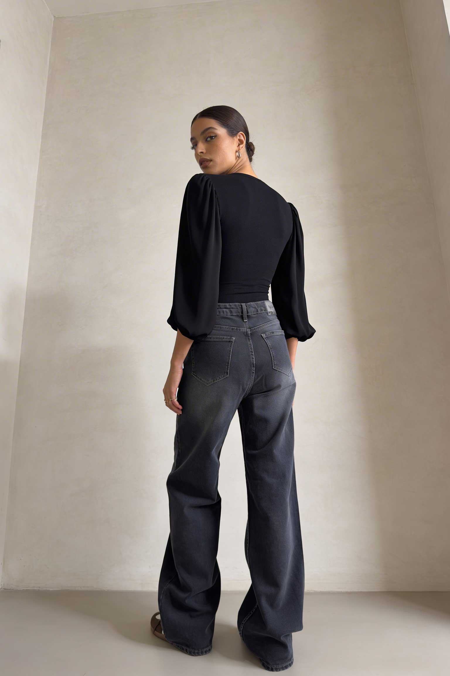 Wide-Leg – High-Waist Washed Black Jeans Wide Leg CIZARO - Cizaro Jeans