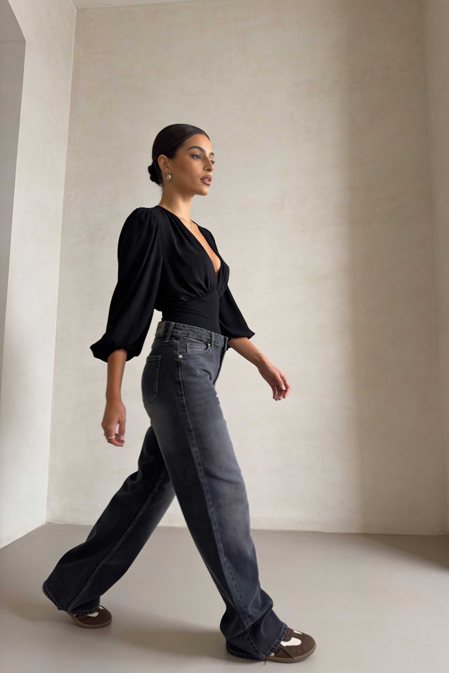 Wide-Leg – High-Waist Washed Black Jeans Wide Leg CIZARO - Cizaro Jeans
