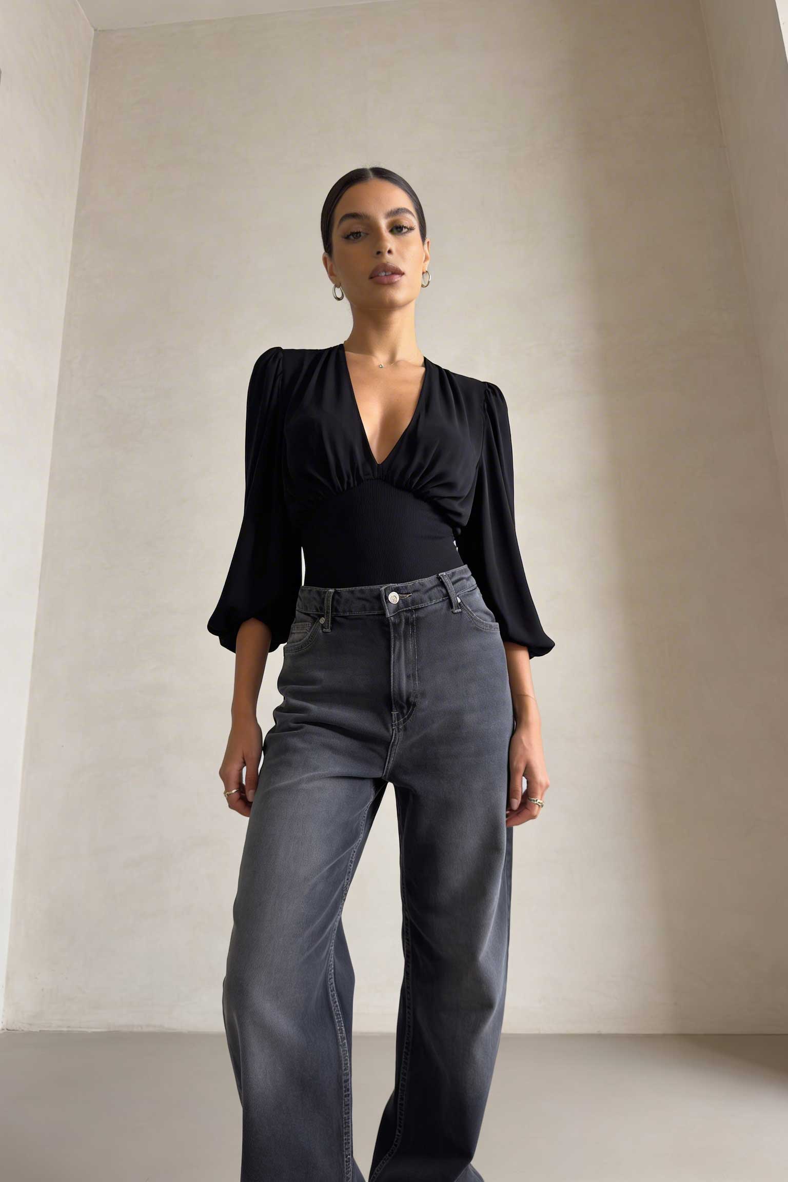 Wide-Leg – High-Waist Washed Black Jeans Wide Leg CIZARO - Cizaro Jeans