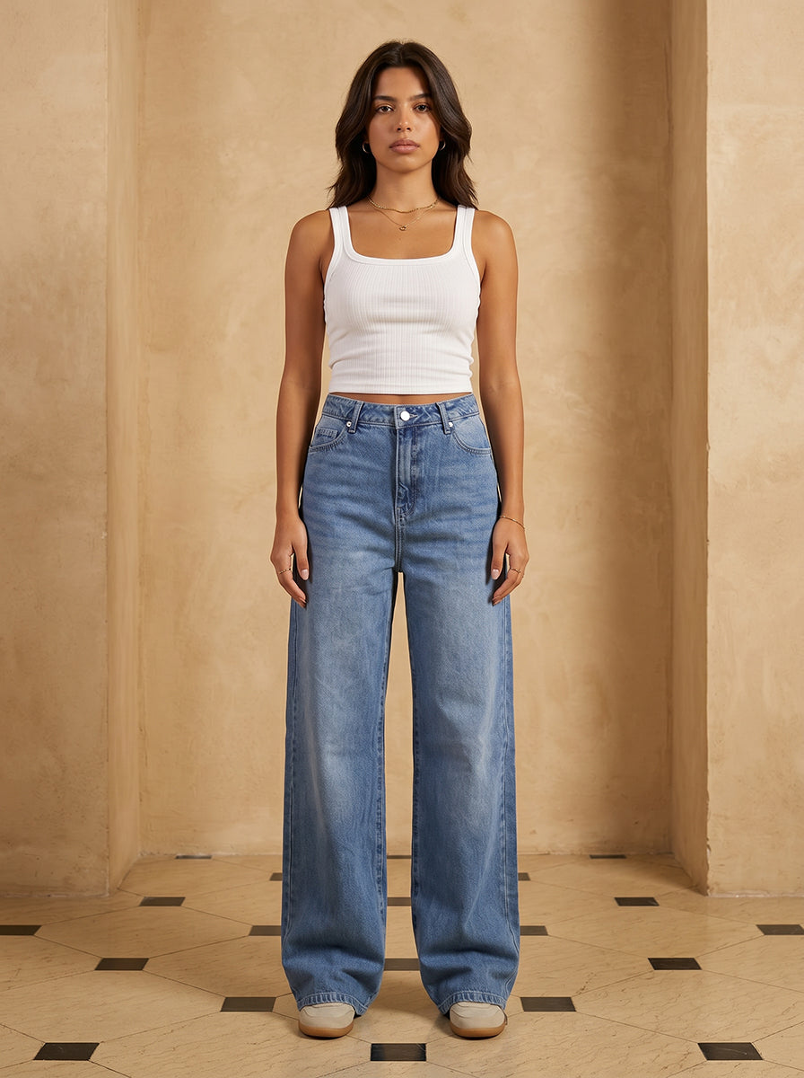 Baggy High-Waist Clean Wash Blue Jeans Baggy CIZARO - Cizaro Jeans