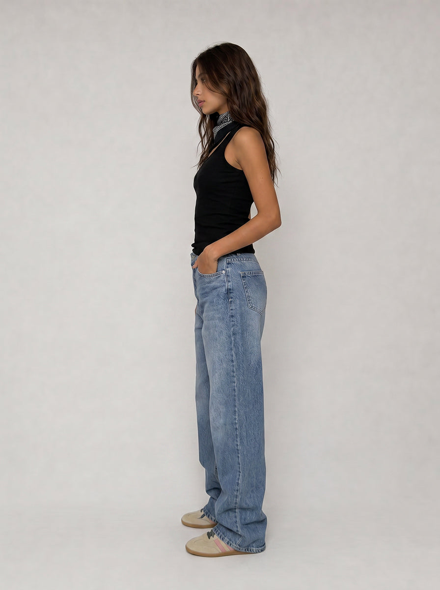 High waisted mid washed blue straight jeans straight CIZARO - Cizaro Jeans