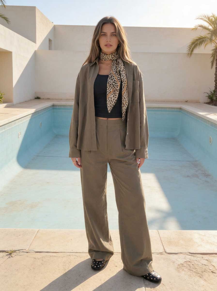 Deep Olive Wide-Leg Trousers – Linen Effect