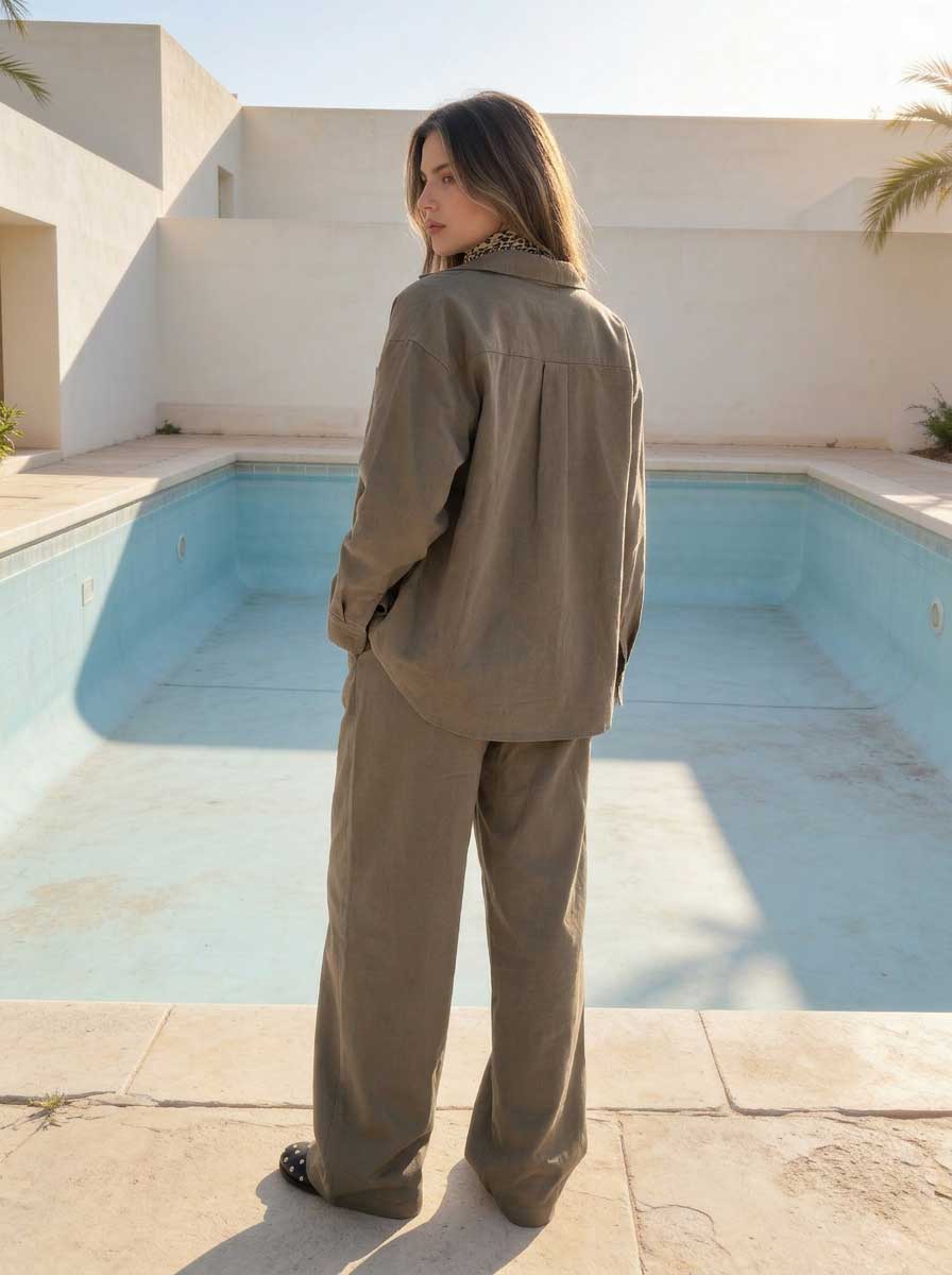Deep Olive Oversized Shirt – Linen Effect Shirt - Summer collection - linen sets CIZARO - Cizaro Jeans