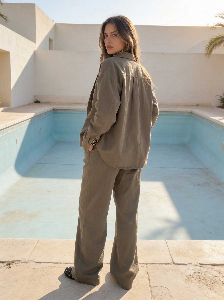 Deep Olive Oversized Shirt – Linen Effect Shirt CIZARO - Cizaro Jeans