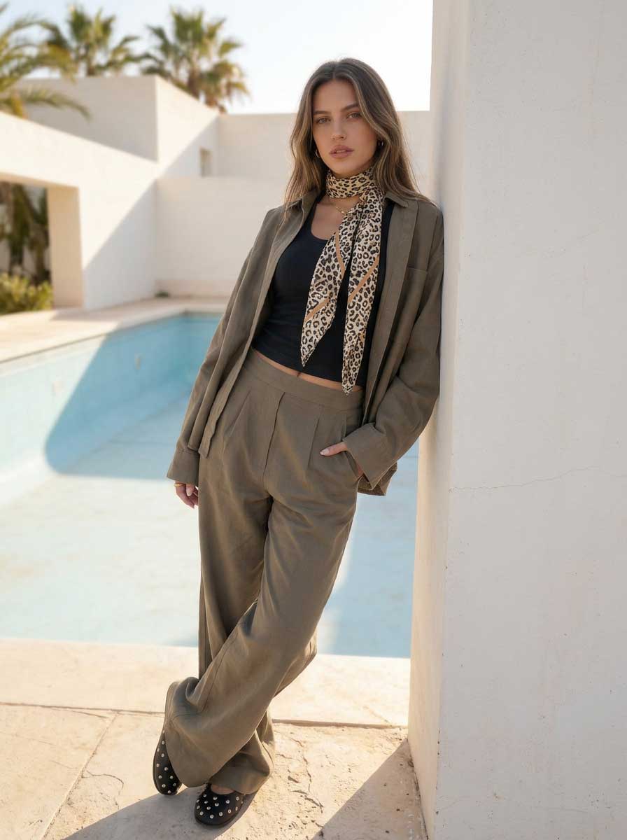 Deep Olive Oversized Shirt – Linen Effect Shirt - Summer collection - linen sets CIZARO - Cizaro Jeans