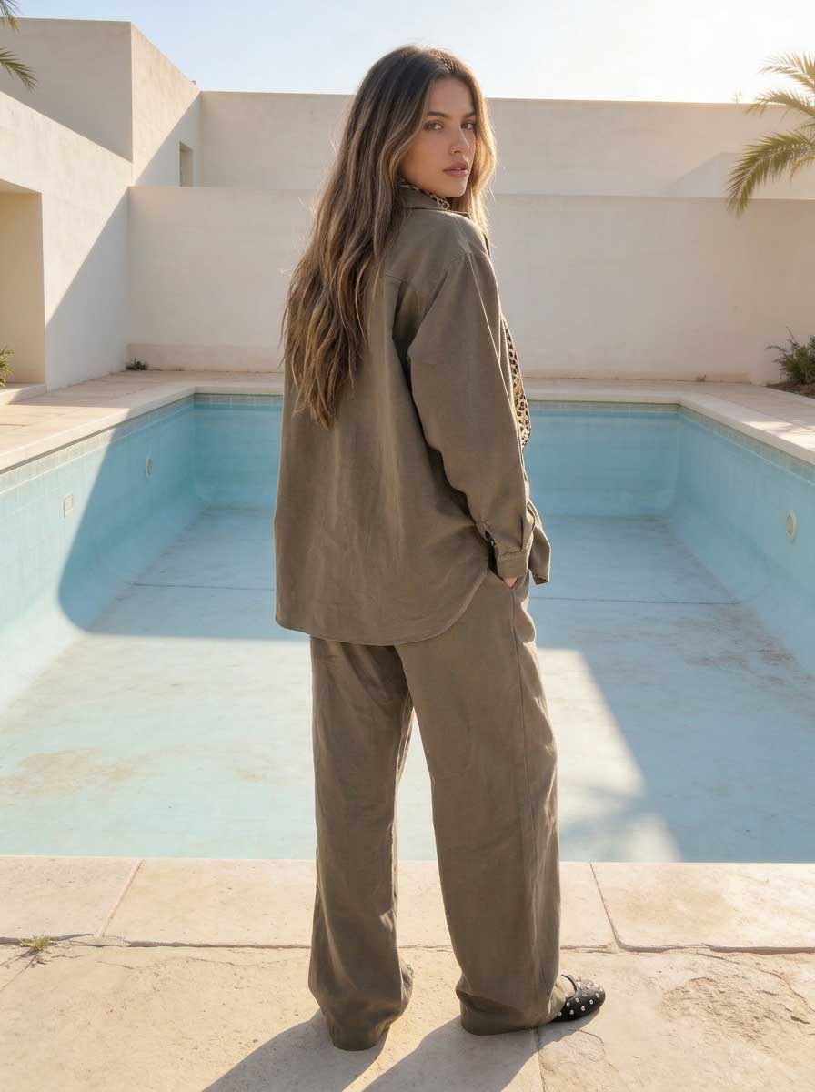 Deep Olive Oversized Shirt – Linen Effect Shirt CIZARO - Cizaro Jeans