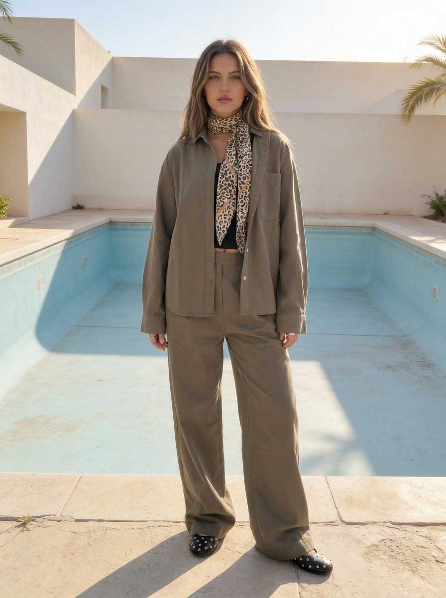 Deep Olive Oversized Shirt – Linen Effect Shirt - Summer collection - linen sets CIZARO - Cizaro Jeans