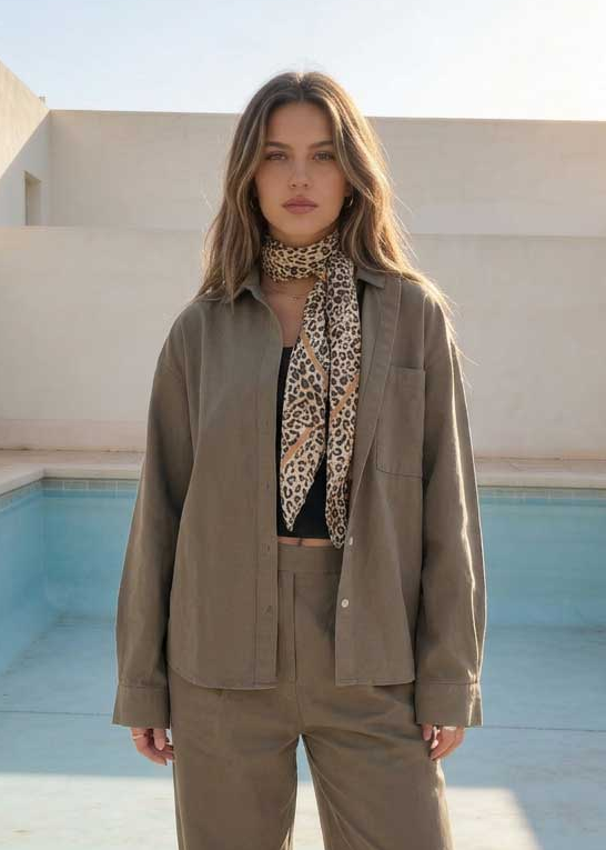 Deep Olive Oversized Shirt – Linen Effect Shirt CIZARO - Cizaro Jeans