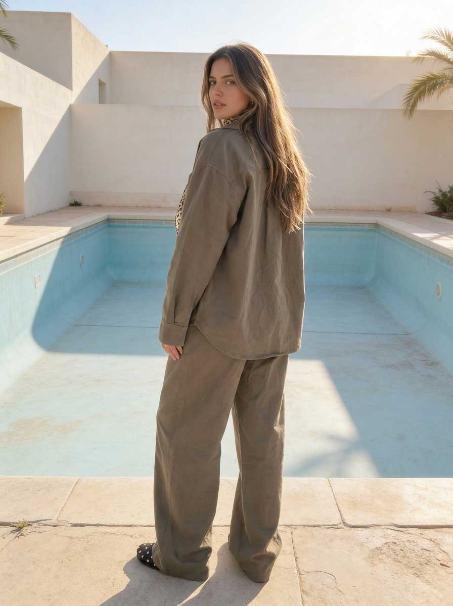 Deep Olive Oversized Shirt – Linen Effect Shirt CIZARO - Cizaro Jeans