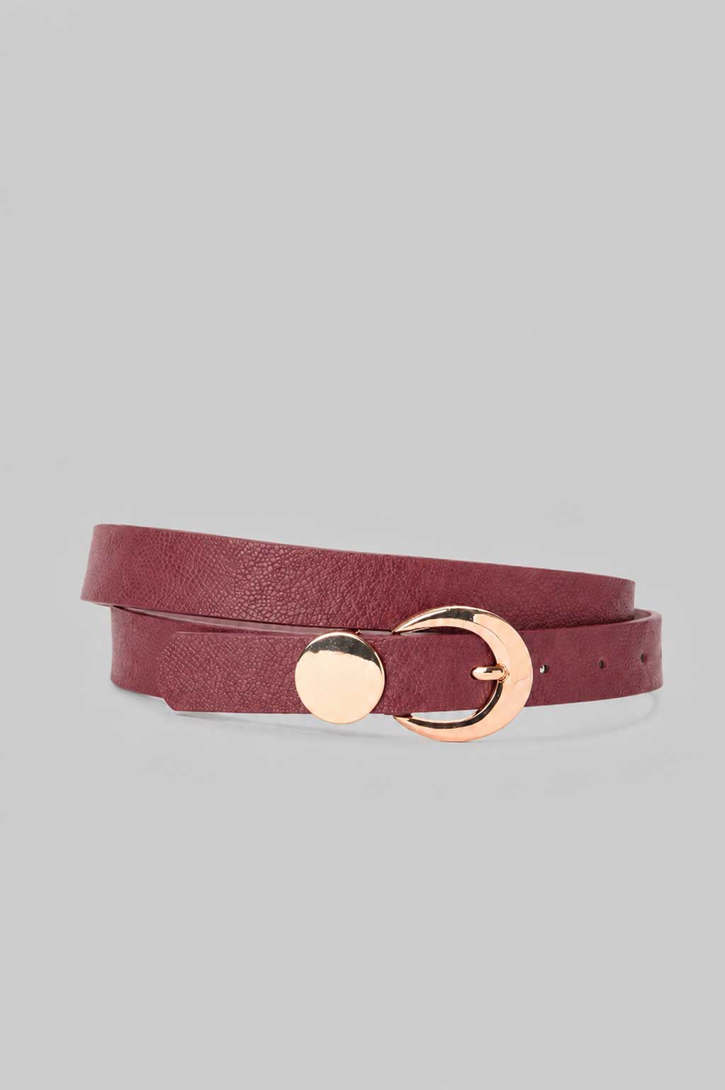 Burgundy Gold Circle Buckle Skinny Belt Belt CZBELT - Cizaro Jeans