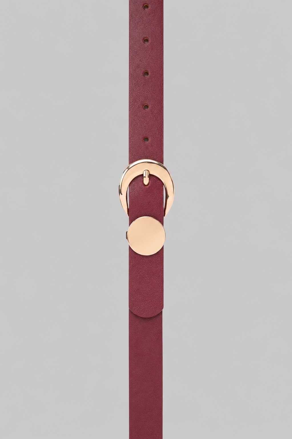 Burgundy Gold Circle Buckle Skinny Belt Belt CZBELT - Cizaro Jeans
