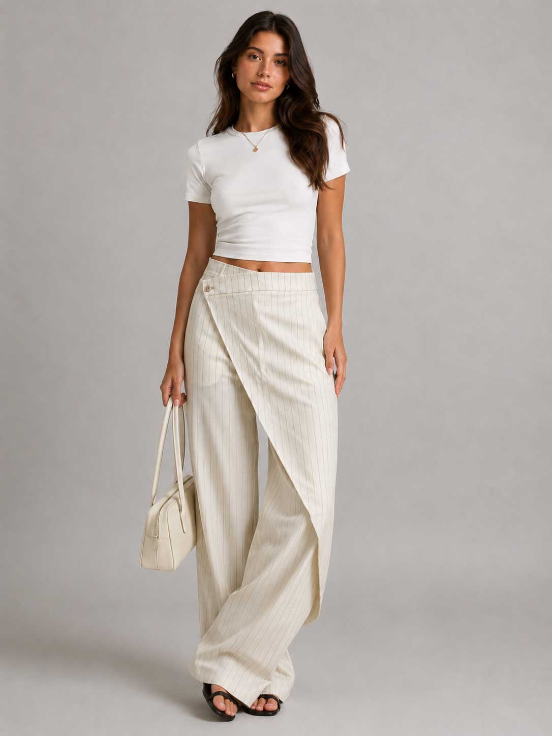 Creeamy Pinstripe Wrap Waist Wide Leg Pants Wideleg CIZARO - Cizaro Jeans