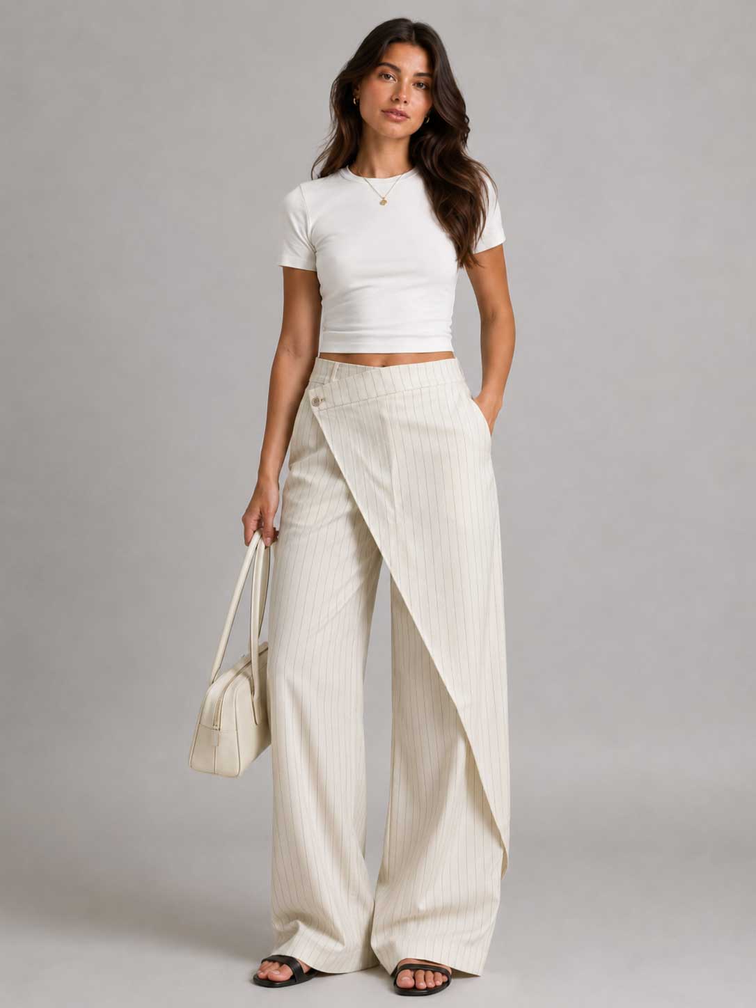 Creeamy Pinstripe Wrap Waist Wide Leg Pants Wideleg CIZARO - Cizaro Jeans