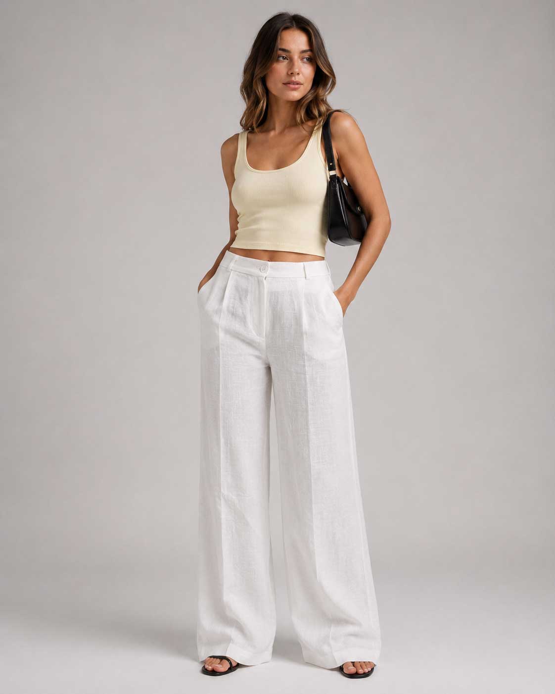 Layered Waist White Wide Leg Linen Pants Linen CIZARO - Cizaro Jeans